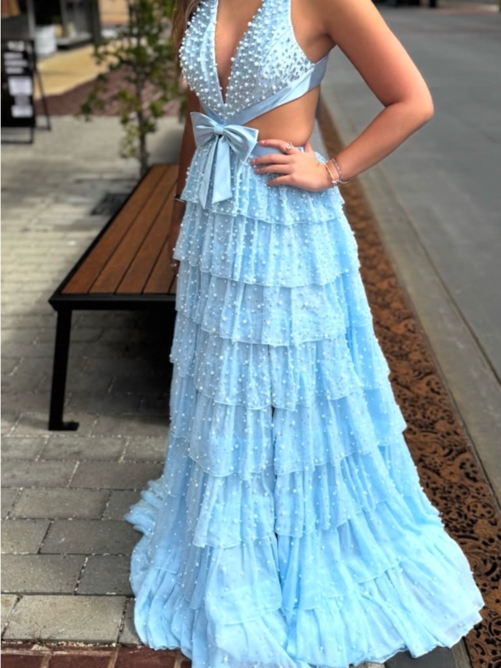 Sherri Hill Light Blue Tiered Pearl Prom Gown